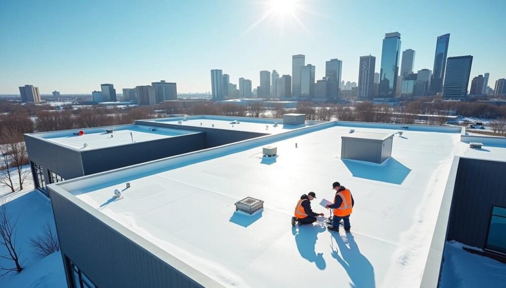 Commercial flat roofing professionals inspecting a winter roof in Edmonton
