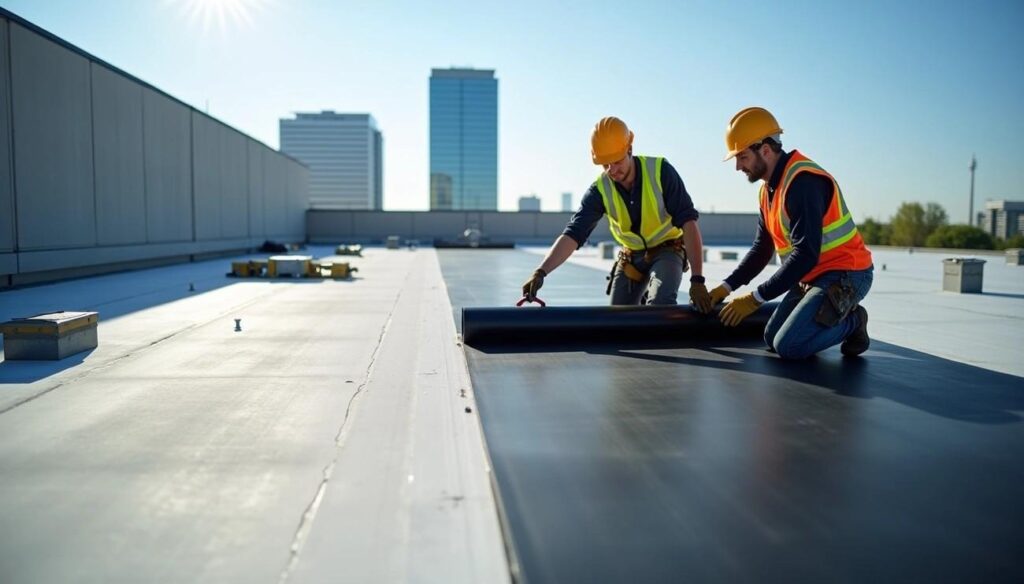 Silverback Torch-on Systems Ltd flat roofers Edmonton two construction workers installing membrane on commercial building roof with city skyline in background