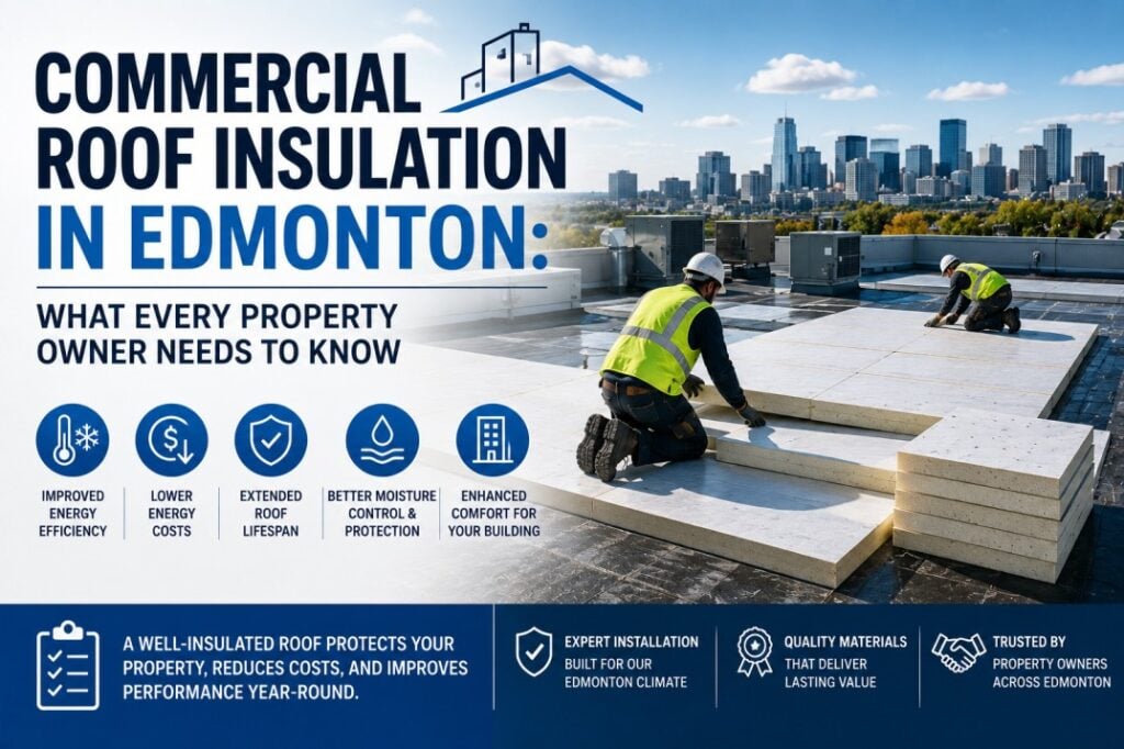Commercial roofing contractors installing roof insulation on a flat commercial building in Edmonton, highlighting energy efficiency, lower operating costs, and long-term roof performance for property owners.