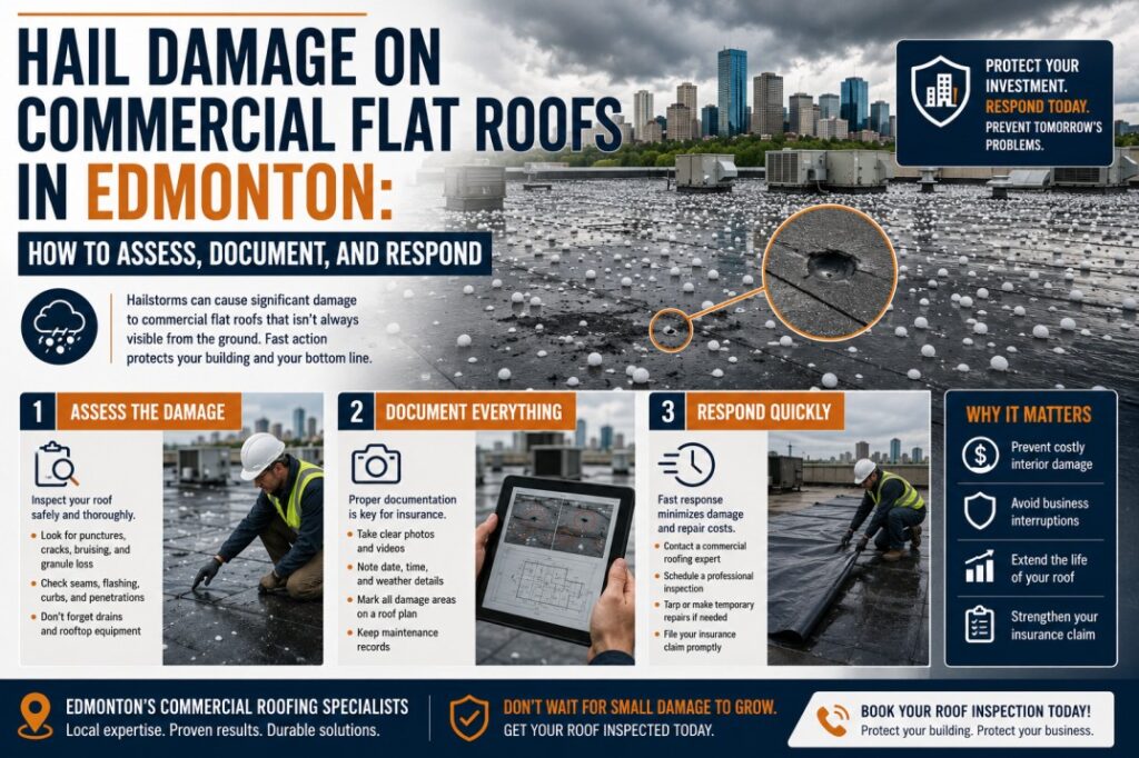 Hail Damage on Commercial Flat Roofs in Edmonton: How to Assess, Document, and Respond
