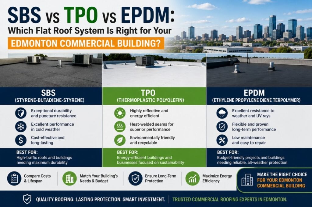 SBS vs TPO vs EPDM flat roof systems for Edmonton commercial buildings.