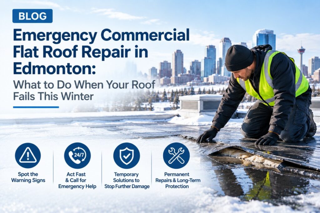 Commercial flat roof leaking this winter in Edmonton? Here's the exact action plan — what to do in the first 24 hours, temporary fixes that work at -20°C, and what comes next.