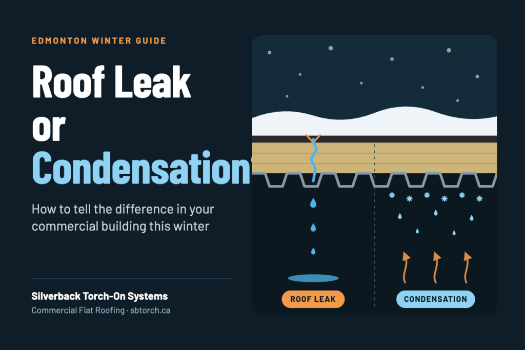 Water dripping inside your Edmonton commercial building this winter? Learn how to tell a roof leak from condensation, what causes each, and how to fix it fast.