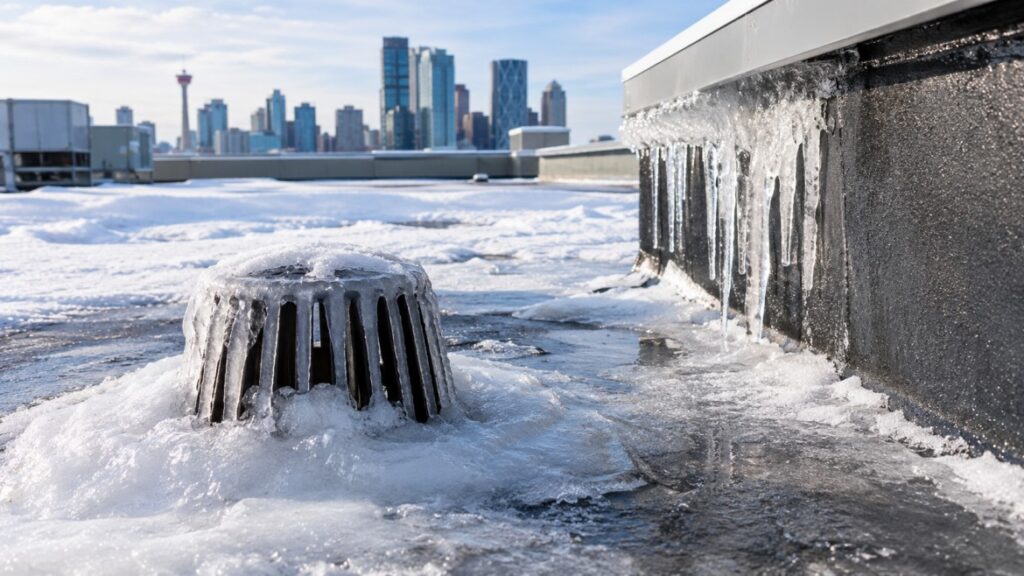 Frozen commercial flat roof drain blocked by ice and snow beside an icicle-covered parapet on an Edmonton building